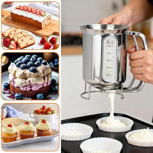 32oz Stainless Steel Pancake Batter Dispenser with Handle, Visible Scale Design, Pancake Mix Dispensers for Funnel Cake, Pancakes, Cupcakes, Waffles, Crepes, 900ml