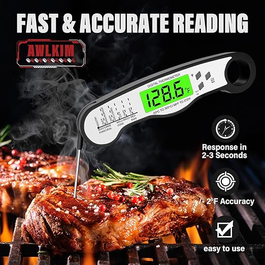 Fast Instant Read Meat Thermometer with Backlight - Waterproof Digital Food Probe for Grilling, Cooking, Baking & Candy Making - Kitchen & BBQ Essential(Black)