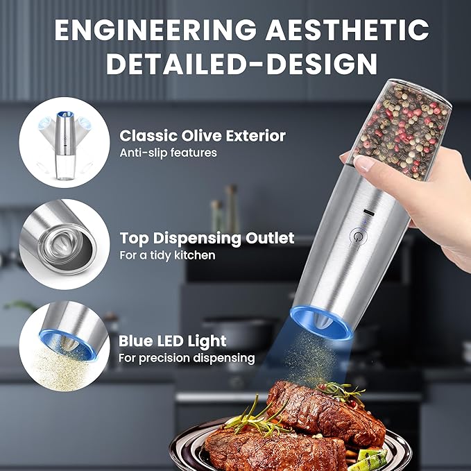 UNNEES Rechargeable Electric Salt and Pepper Grinder, gravity electric salt and pepper grinder, Adjustable Roughness, LED Light, 1 Pack, (Silver)