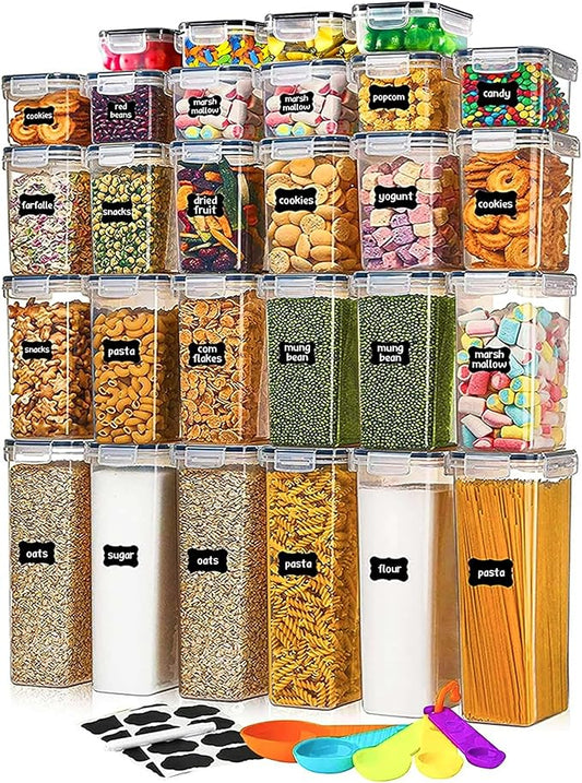 stusgo 28 Pack Airtight Food Storage Containers with Lids, BPA Free Clear Pantry Storage Container for Kitchen Food Pantry Organizers and Storage, Plastic Pantry Organiser for Cereal,Flour and Sugar