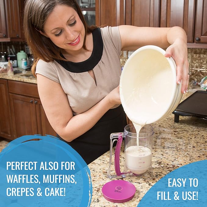 KPKitchen Pancake Batter Dispenser and Pancake Spatula Flipper - Perfect Baking Tool for Cupcakes, Waffles, Crepes, Cake or Any Baked Goods (Purple) - Heat Resistant Wide Spatula Perfect for Pancakes
