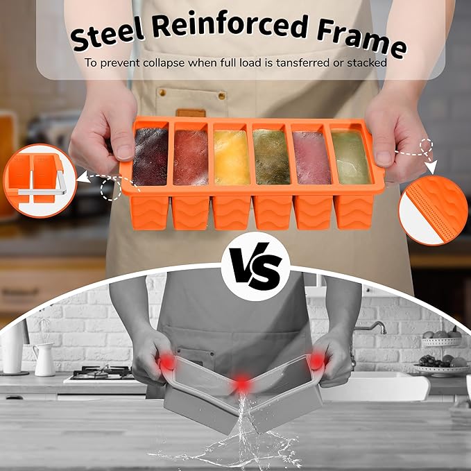 3-Pack Silicone Freezer Trays with Lid,2 Large 2-Cup(500ml)&4 Medium 1-Cup(125ml)&6 Small 1/2-Cup(75ml) Soup Freezer Container Molds,Ice Cube Tray For Meal Prep&Freezing Soup,Stews,Sauces