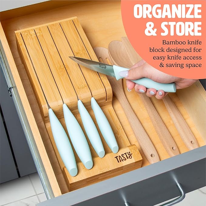 Tasty In-Drawer Kitchen Knife Set, Space-Saving Cutlery and Kitchen Organizer, Includes Chef, Bread, Santoku, Utility and Paring Knives, 6-Piece, Aqua