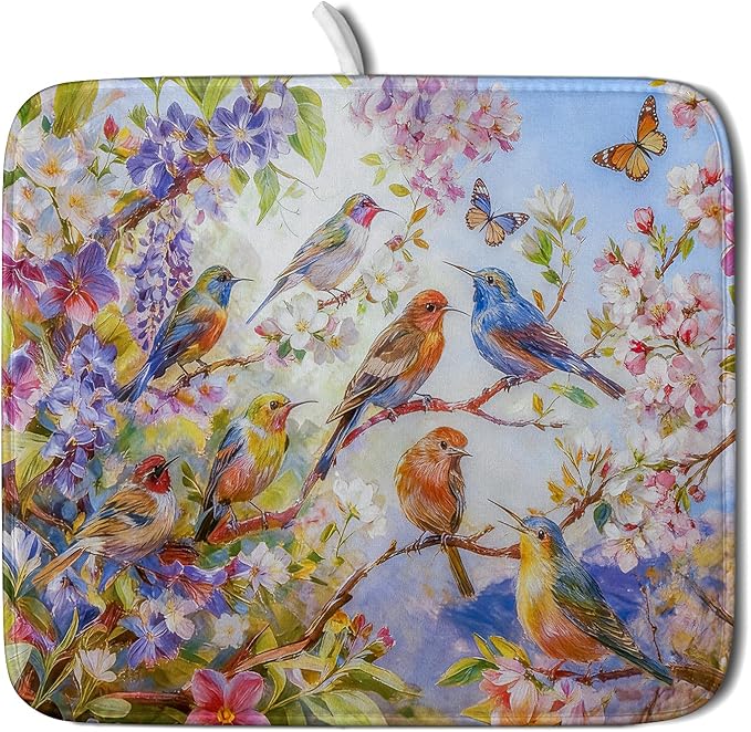 Spring Bird Dish Drying Mats for Kitchen Counter Floral Small Dish Drying Pad Season Decor