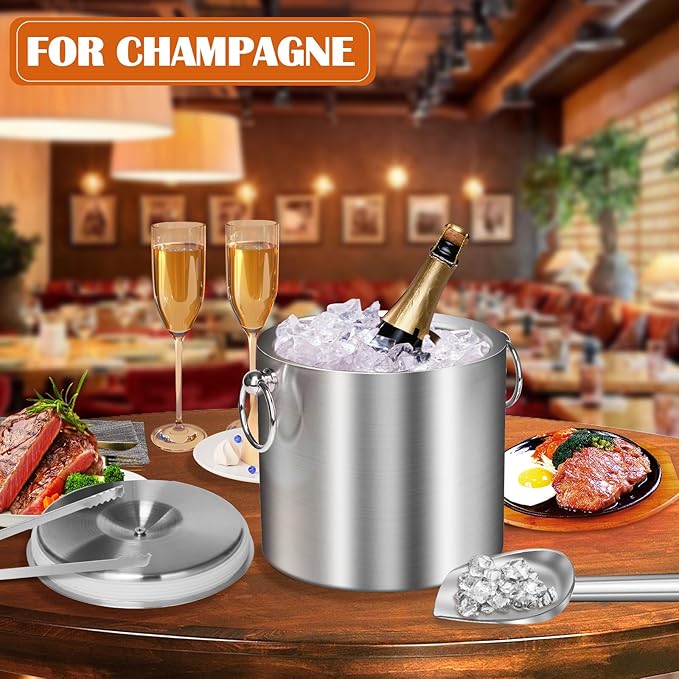Ice Bucket with Lid & Tong- Well Made Insulated Stainless Steel Keep Ice Frozen Longer - Ideal for Cocktail Bar, Parties, Chilling Wine, Champagne - 3 Liter (Stainless Steel)