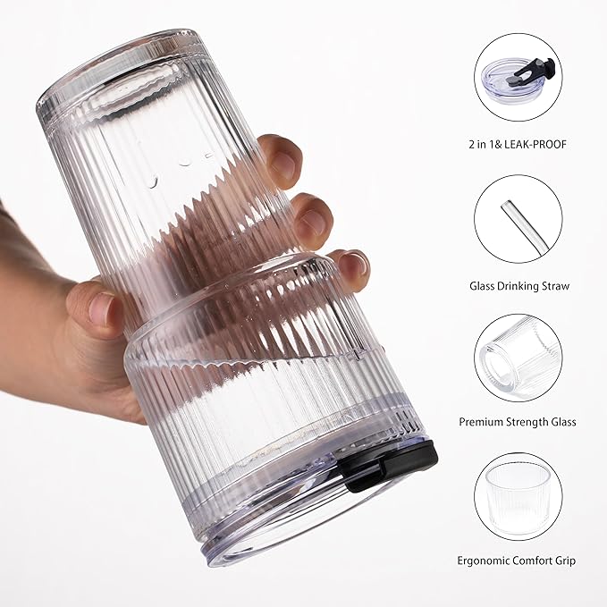 BLUEPOLAR 450ml/15oz Ribbed Glass Tumbler,Thickened Glass Cup with Leak-Proof Lid & Straw, BPA-Free, Suitable for Coffee, Matcha, Juice - Fits Car Cup Holder, Office & Travel Use (Clear)