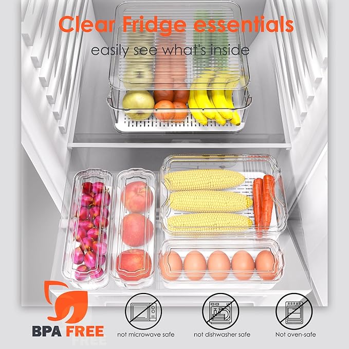 SMRCAD Fridge Organizers and Storage, 8 Pack Clear Freezer Organizer Bins with Lids for Kitchen, Pantry, Refrigerator, Food, Fruit, Vegetable Storage (8 Bins (Include Pull-out Drawer))