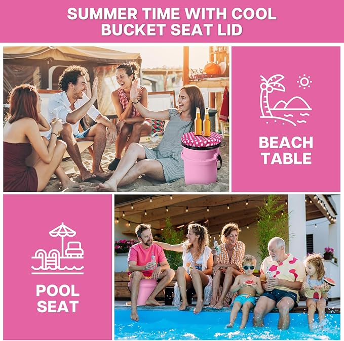 5 Gallon Bucket Seat for Yeti Bucket Only, Swivel Bucket Lid with Padded Top for Cozy Sitting, Bucket Seat Cushion for Outdoor Fishing,Hunting,Gardening, Baseball Training, Pink, Black