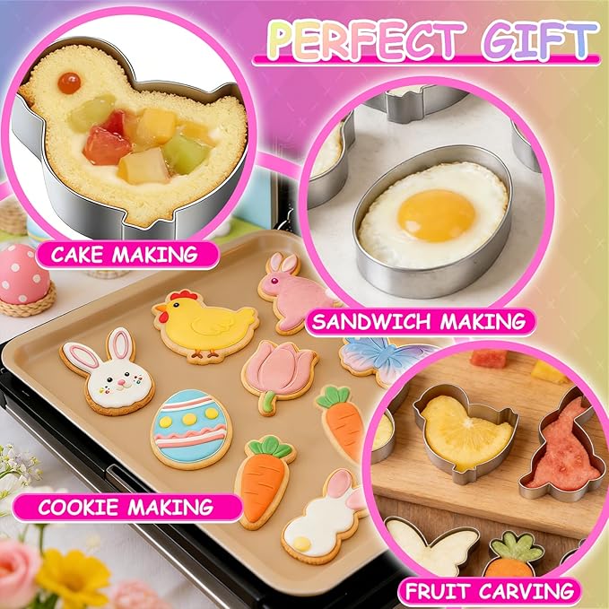 Easter Cookie Cutters Bunny Carrot Tulip Butterfly Chick Egg Biscuit for Kids DIY Lunchbox Bento Box Fruit Vegetable Sandwich Cutters for Children Boys Girls, Pack of 8