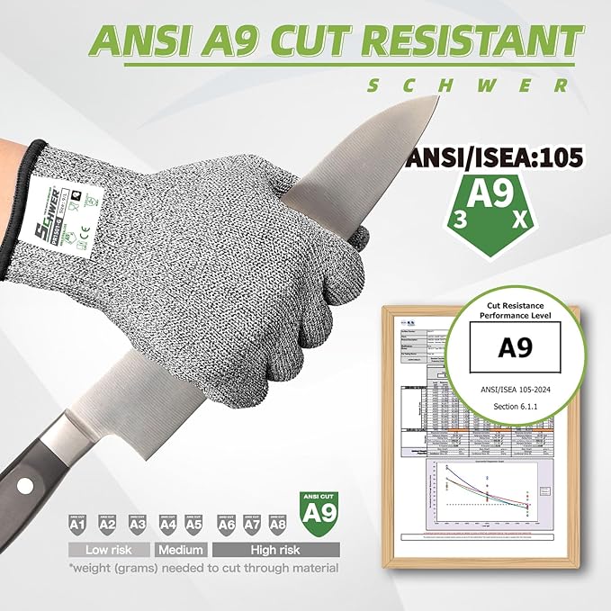 Schwer SlicePro ANSI A9 Cut Resistant Gloves, Food Grade Cutting Gloves for Kitchen Food Prep, Mandoline Gloves for Meat Cutting, Oyster Shucking, Fish Fillet Processing, PR1501-G, 150 Pairs, L
