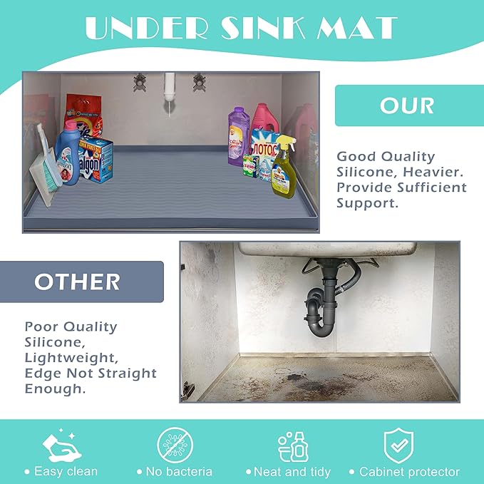 URMONA Waterproof Silicone Under Sink Mat 40'' x 22'' Shelf Liner for Kitchen and Bathroom, Cabinet and Counter Protector, Storage and Organizers, Litter Mat, Pet Cat Puppy Essentials(Cream)