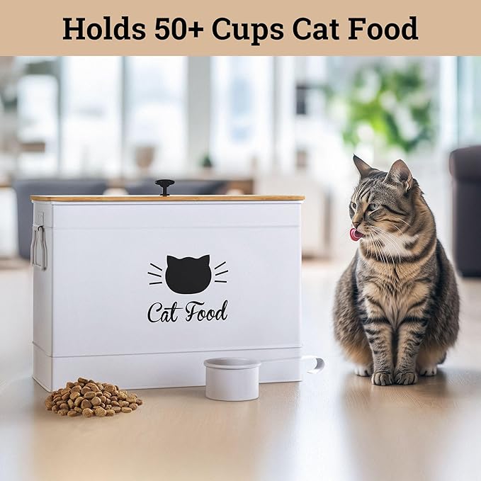 Cat Food Storage Container with Scoop - 15 lb (50 Cup) Capacity Metal Cat Food Container with Airtight Bamboo Lid & Metal Scoop - Airtight Pet Food Storage Containers - 15 lb Treats & Kibble Container