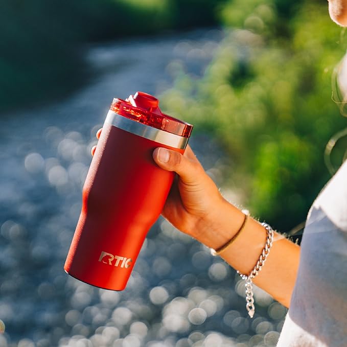 RTIC 20oz Essential Tumbler with Lid, Ceramic Lined, Insulated, Stainless Steel, Metal, Double Wall Vacuum-Insulation, Travel Cup for Iced Coffee, Tea, Hot and Cold Drink, Flag Red