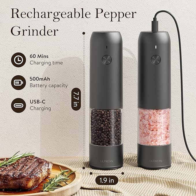 Ultrean Salt and Pepper Grinder Set, Rechargeable Salt and Pepper Shakers, 6 Adjustable Coarseness, LED Light, Kitchen Gadget & Housewarming Gift, Cooking Gifts for Men, Stainless Steel