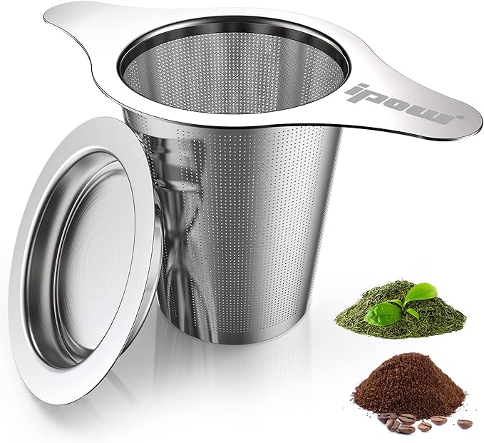 IPOW Reusable Stainless Steel Coffee Filter, Paperless Coffee Maker Strainer, Double Fine Mesh Basket for Loose Tea& Ground Coffee, Coaster Lid, Long Handle for Cup, Mug &Teapot