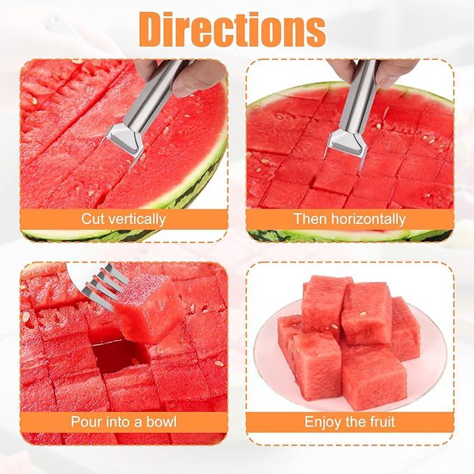 3Pcs Watermelon Cutter, 2025 Summer New 2-in-1 Stainless Steel Fruit Cutter 8.78 in Portable Dual Head Fruit Fork Melon Slicer Cutting Tool Kitchen Gadgets for Camping Picnic Home