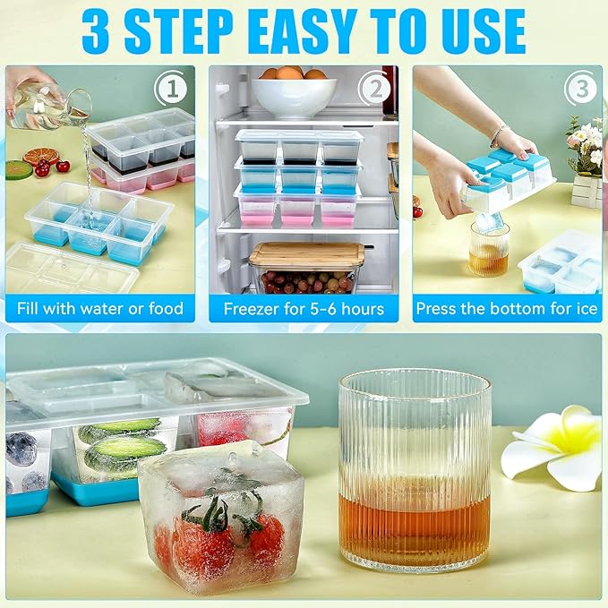 Ice Cube Trays 2 Pack, JRISBO Large Silicone Ice Cube Molds with Leak-Proof Lid, TPE Frame & Easy Release Bottom, Stackable Freezer Ice Trays for Whiskey, Cocktails, Soup, BPA Free (Black)