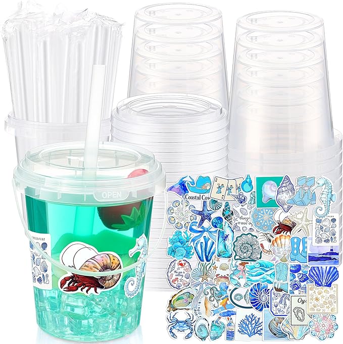 Funnymoom 30 Set Ocean Drink Buckets with Lids and Straws 34oz Large Clear Plastic Disposable Cups Bulk Rum Cocktail Pails with Handles & Stickers for Adult Summer Coastal Beach Pool Party Supplies