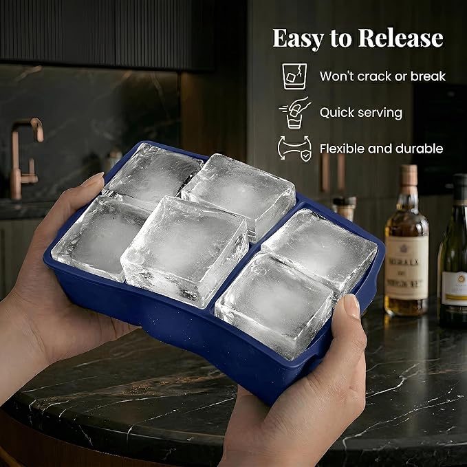 KitchFort Large Silicone Ice Cube Tray (2-Pack), Easy Release 2" Big Ice Cubes - Cocktail, Whiskey Ice Cubes Mold - Ice Trays for Freezer with Lid - Stackable Silicone Ice Tray - Navy Blue