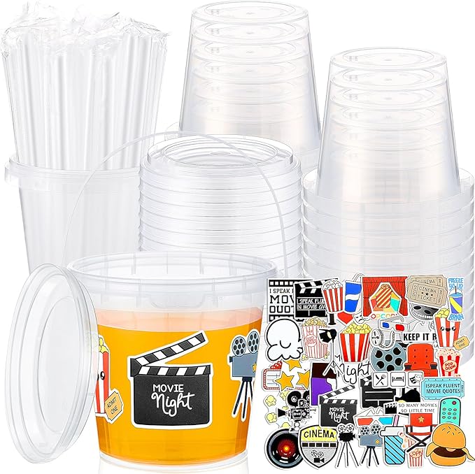 Funnymoom 30 Set Movie Night Clear Plastic Cups with Lids & Straws 24oz Disposable Rum Drink Buckets Bulk for Cocktail Parties with Handles & Stickers for Holiday Birthday Beach Pool Party Supplies