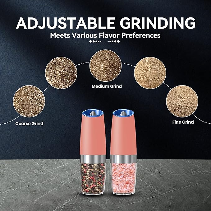 UNNEES Gravity Electric Salt and Pepper Grinder set of 2, Automatic Salt And Pepper Grinder Set, Adjustable Roughness, Battery Powered, LED Light, 2 Pack, (Pink)