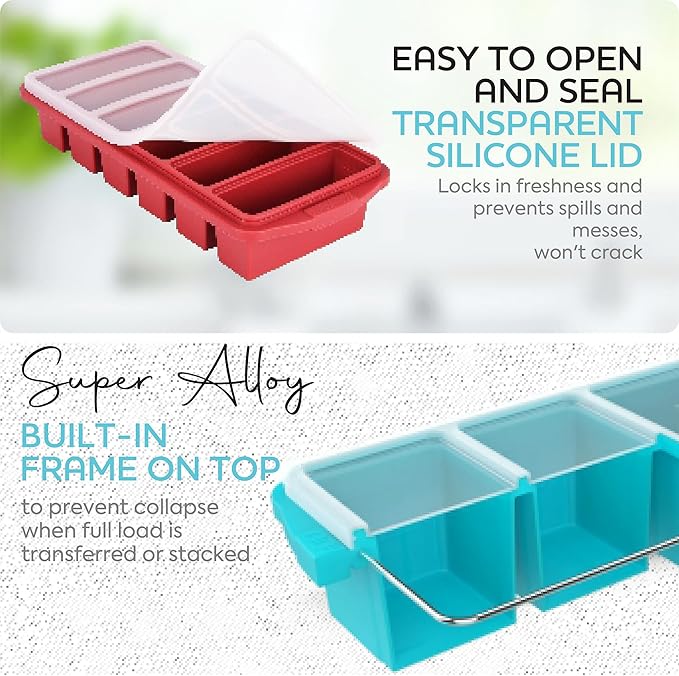 Silicone Freezer Tray With Lid-Soup Freezer Container molds-Large Ice Cube Tray Set Makes 1-Cup & 1/2-Cup portions cubes Perfect for preparing meals in different portion sizes Oven & Dishwasher -Safe