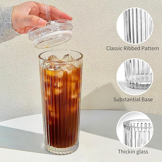 Puraville 2 Pack 18oz Glass Cups with Lids and Straws, Vintage Ribbed Striped Thickened Glassware for Whiskey Cocktail Beer, Mason Jar Drinking Glasses Tumbler Iced Coffee Cup, Clear