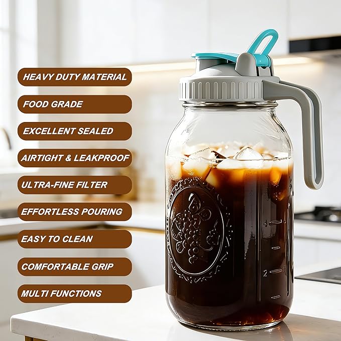 Mason Jar Cold Brew Coffee Maker 32 Oz Wide Mouth Cold Brew Pitcher 1 Quart Airtight & Leakproof Mason Jar Pitcher With Stainless Steel Fine Mesh Filter For Coffee, Iced Tea, Sun Tea, Lemonade