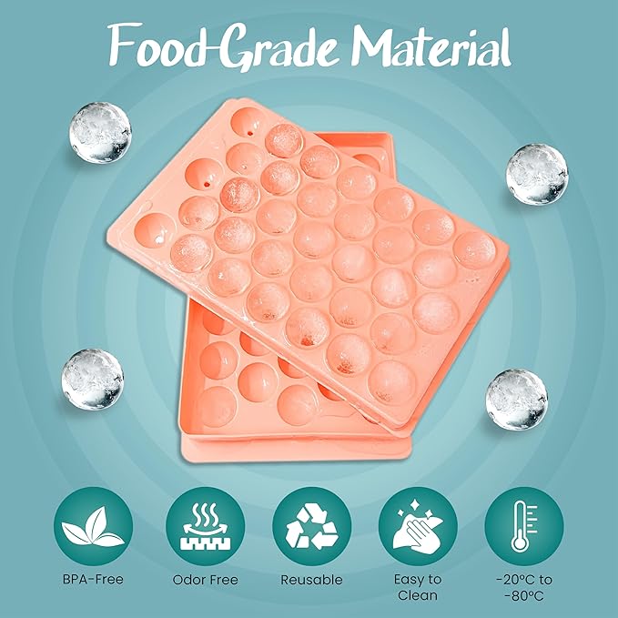 2 Pack Round Ice Cube Tray with Lid, Bin & Scoop - 0.8" 66PCS Tiny Sphere Ice Ball Maker Molds, Stackable Ice Trays for Freezer, BPA-Free Plastic Iced Bucket Kits for Cocktails/Whiskey/Coffee/Drinks