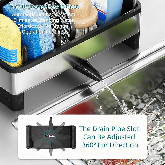 304 Stainless Steel Sink Caddy with Auto-Drain, Rustproof Sink Organizer, Sponge Holder with Removable Brush Holder & Towel Rack, Countertop Storage for Dish Soap Dispenser, Kitchen Sink Accessories