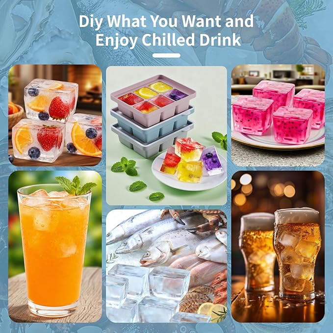 Large Silicone Ice Cube Tray Set of 3, Easy Release 6 Flexible Silicone Ice Cube Molds with Removable Lid, Reusable Freezer Stackable Ice Trays for Whiskey, Baby Food, No Floater, BPA Free