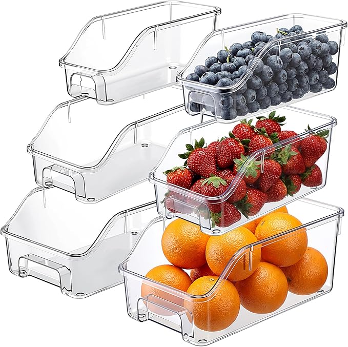 LemonRoad 6 Packs Clear Freezer Organizer Bins with Handle Pantry Vegetable Organizers and Storage Stackable Open Front Fridge Storage Egg Salad Containers for Kitchen Refrigerator Cabinet Closet