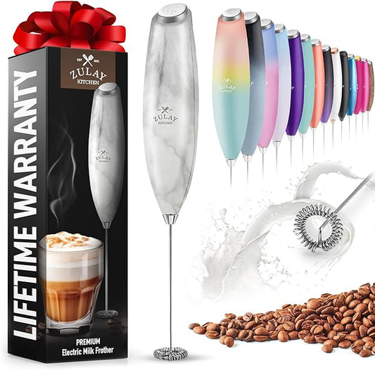 Zulay Powerful Milk Frother for Coffee with Upgraded Titanium Motor - Handheld Electric Whisk, Milk Foamer, Mini Mixer & Coffee Blender for Frappe, Latte, Matcha, No Stand - Marble