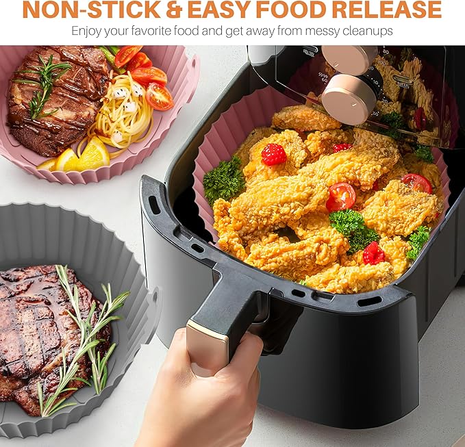 ME.FAN Air Fryer Silicone Liners for 4 to 7 QT [2 Pack] Reusable Air Fryer Basket with Handles & Holes Rose Pink + Light Grey
