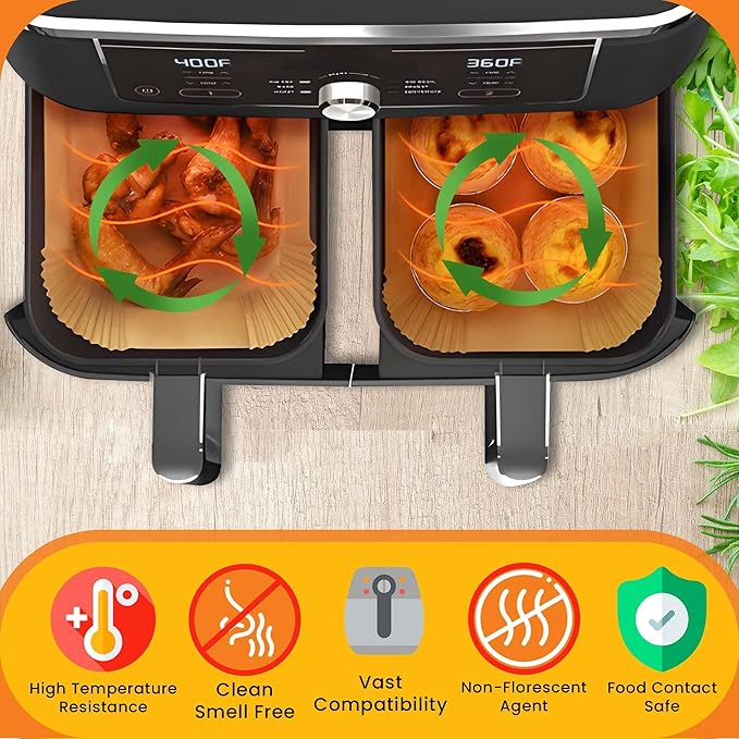UrbanAir 9-Inch Rectangle 125pcs Air Fryer Paper Liners for Easy Cleanup - Non-Stick, Heat-Resistant, and Perfect Fit for Hassle-Free Cooking | Bleach-Free Parchment| (9 In/22cm 125pcs)