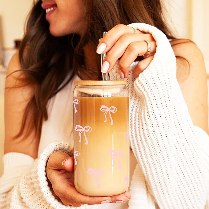 BIPEDS Coquette Cute Pink Bow Glass Cups with Lids and Straws, Aesthetic Iced Coffee Cup, Girly Preppy Design Tumbler Mug, Valentines Christmas Birthday Gifts for Women, Teen Girl Gifts Trendy Stuff