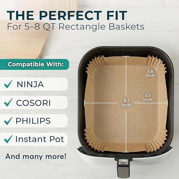 Cathy Yoder's Rectangle Air Fryer Liners, 125 PCS 8 inch Air Fryer Liners Disposable Rectangular, 8-12 QT Easy Cleanup Rectangular-Shape AirFryer Liner Parchment Paper for Cooking & Baking