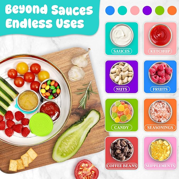 LIEMAND 6x1.6 oz Salad Dressing Container to Go, Leakproof Reusable Stainless Steel Small Container with Lid,Sauce Containers for Lunch box,Picnics,Travel,Office and Meal Prep