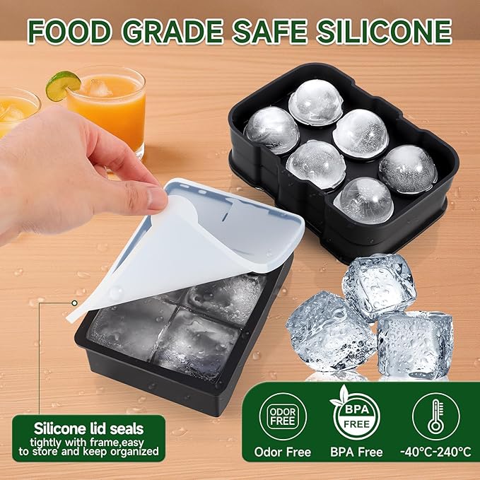 Silicone Ice Cube Tray, Easy Release Flexible Silicone Freezer Mold with Removable Lid, 2PCS of 6 Large Ice Cubes Per Tray for Whiskey, Freezer, Cocktail, Reusable & BPA Free
