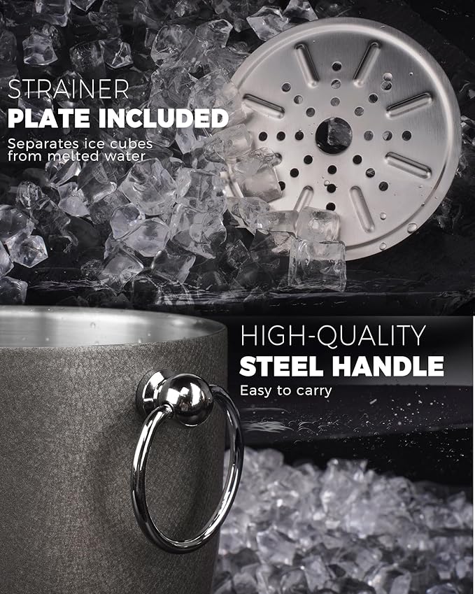 POLIVIAR Ice Bucket, 2.5L Double Wall Ice Bucket with Lid, Stainless Steel Ice Bucket with Tong & Strainer, Ice Bucket for Cocktail Bar, Home & Parties, JX2023-IBLY