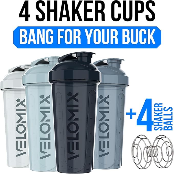 VELOMIX -4 PACK 28 Oz Protein Shaker Bottle for Protein Mixes - 4x Wire Whisk | Leak Proof Shaker Cups for Protein Shakes | Large, Stackable Protein Shaker Bottles Pack | Dishwasher Safe (Aqua Depths)