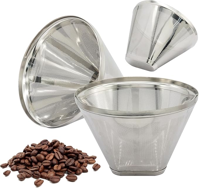 Reusable Cone Coffee Filters, 2 Pack Stainless Steel Replacement Filters for Coffee Maker & Coffee Bar Brewer, Durability Universal Fit Permanent Filter