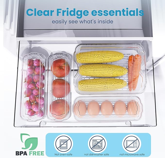 SMRCAD 10 Pack Refrigerator Organizers, Clear Container and Organizer Bins with Lids, Stackable Storage Containers for Fruits, Vegetable (Set of 10)
