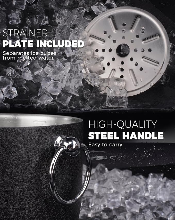 POLIVIAR Ice Bucket, 2.5L Double Wall Ice Bucket with Lid, Stainless Steel Ice Bucket with Tong & Strainer, Ice Bucket for Cocktail Bar, Home & Parties, JX2023-IBLB