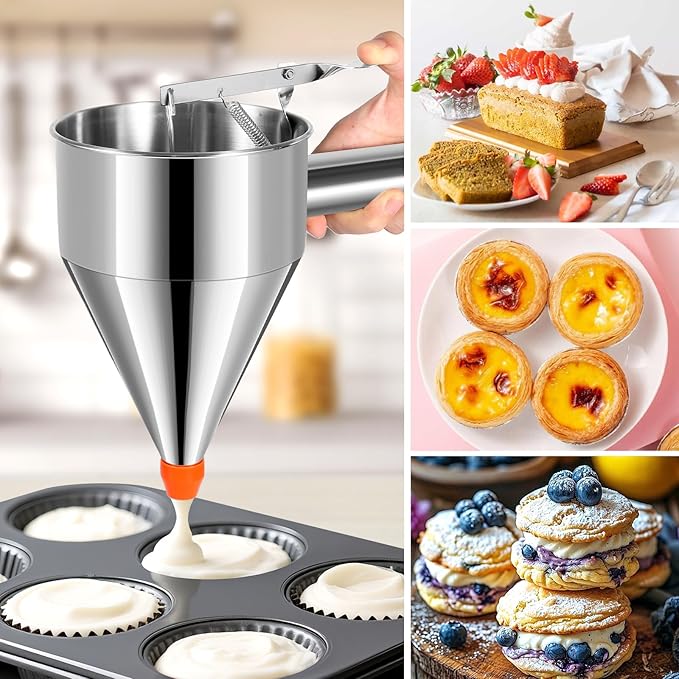 Pancake Batter Dispenser 40 OZ - Funnel Cake Dispenser With Stand, Stainless Steel, Leak-Proof Nozzle & Squeeze Handle, Precise Control, for Pancakes, Waffles, Cupcakes & Baked Goods