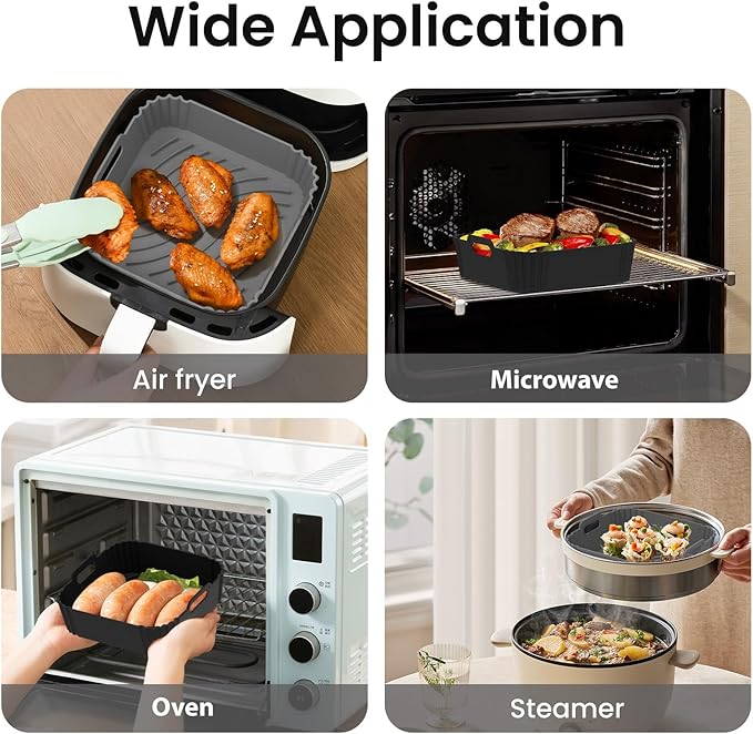 Redfly 2 Pack Silicone Air Fryer Liners, Square Reusable Non-Stick Basket Inserts for 6-8 QT Air Fryers, Dishwasher Safe Parchment Paper Replacement Accessories Gray & Black