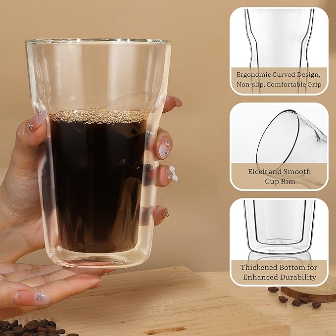 Joeyan Double Wall Glass Tumbler, 16.9oz Lager Insulated Dinking Highball Glasses, Clear Borosilicate Tall Glass Coffee Cups for Iced Coffee, Latte, Cocktails, Tea, Smoothie, Mixed Drinks, Set of 2
