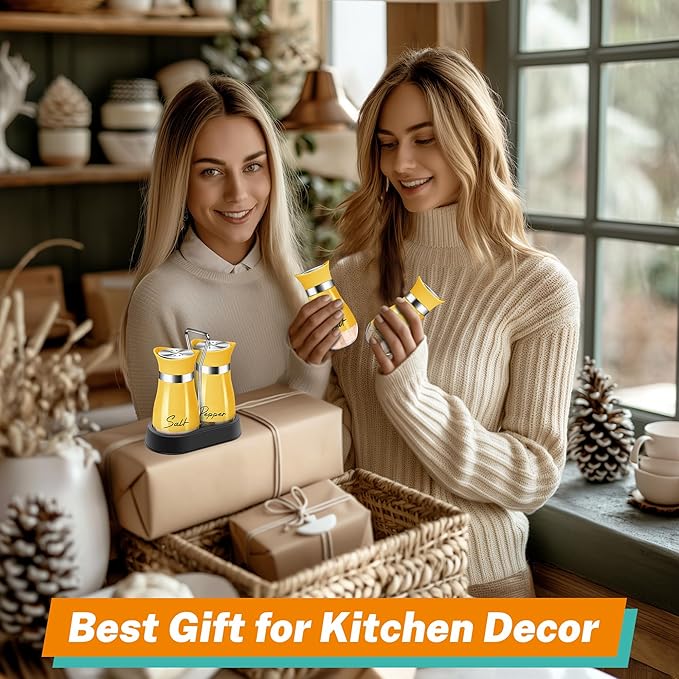 Yellow Salt and Pepper Shakers Set with Holder,4 oz Cute Kitchen Decor and Accessories Farmhouse Gadgets Table Housewarming Gift Thanksgiving Christmas Decor Refillable Design (Yellow)
