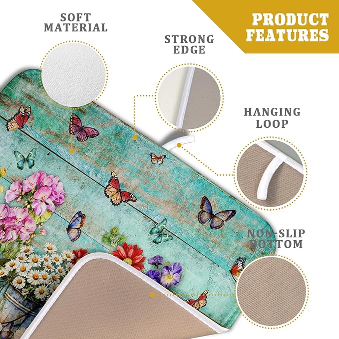 Flower Dish Drying Mat for Kitchen Counter 16x18 Inch Rustic Vintage Microfiber Absorbent Dishes Drainer Mats