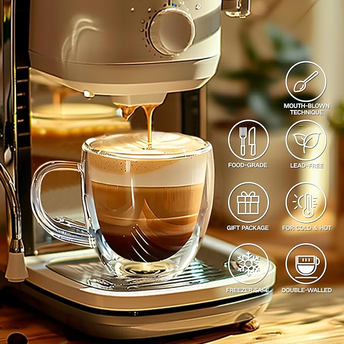 YMMIND Set of 4 Double Walled Glass Coffee Mugs 8 Ounces Insulated Layer Coffee Cups with Handle Borosilicate Glass Espresso Cup for Hot Beverage,Cappuccino,Tea,Latte,Wine,Microwave Safe